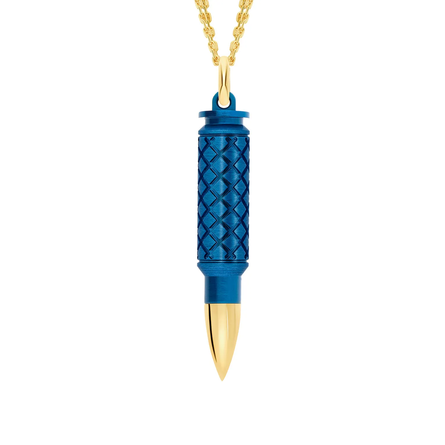 Pendentif Akillis chaîne cross Fatal Attraction en or jaune et aluminium bleu