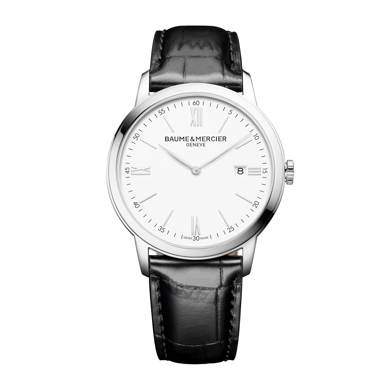 Montre CLASSIMA Quartz 42mm, Bracelet veau noir motif alligator, Cadran blanc chiffres romains