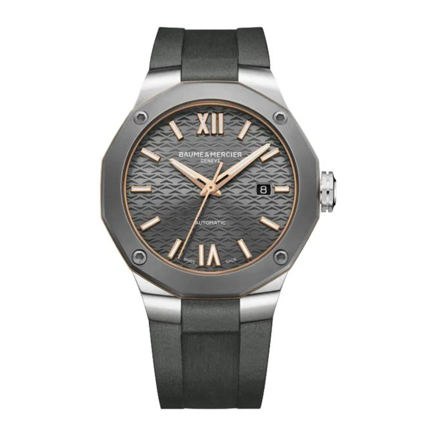 Montre RIVIERA Automatique 42mm Bracelet caoutchouc gris, Boucle déployante, Cadran ardoise décor vagues