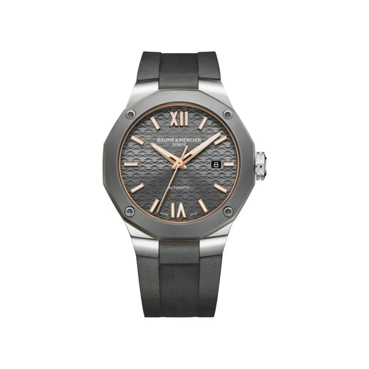 Montre RIVIERA Automatique 42mm Bracelet caoutchouc gris, Boucle déployante, Cadran ardoise décor vagues