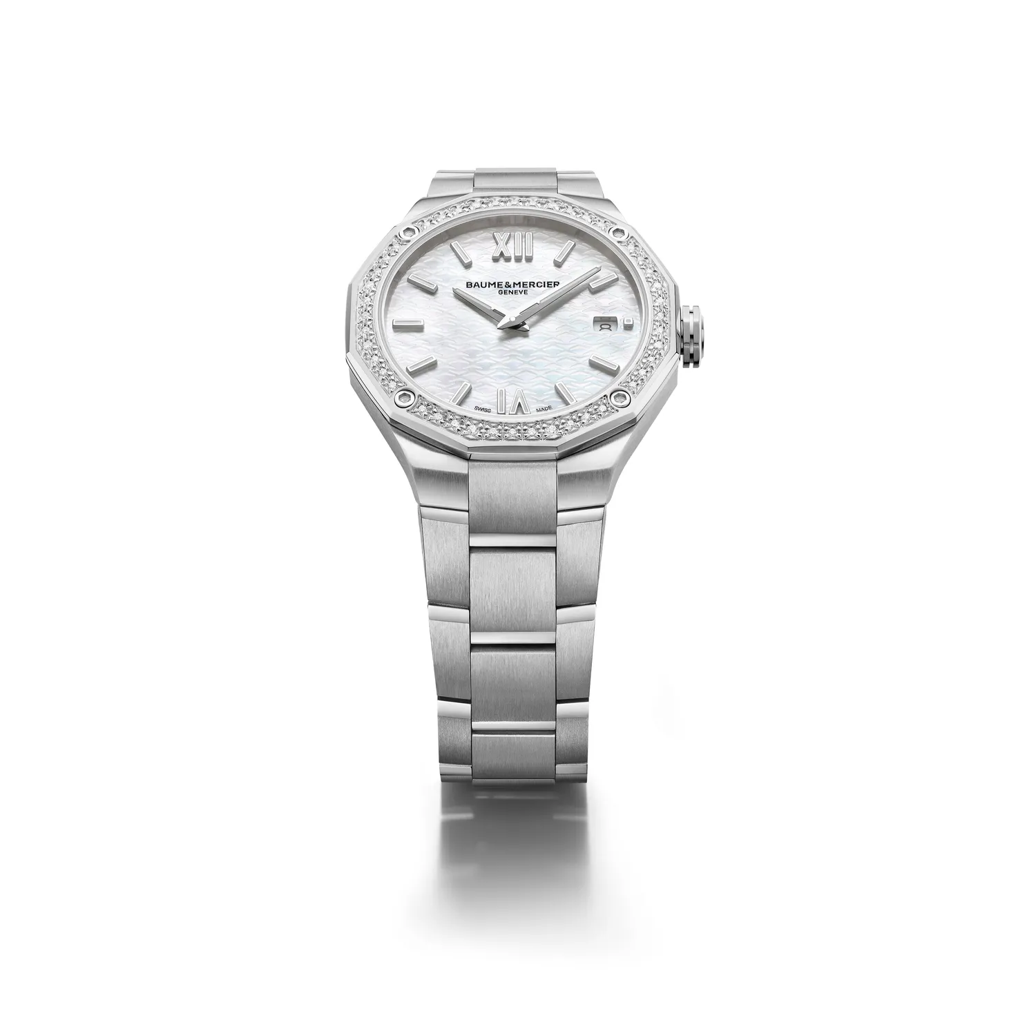 Montre RIVIERA Quartz 36mm lunette sertie diamants, Bracelet acier interchangeable, Cadran nacre blanche