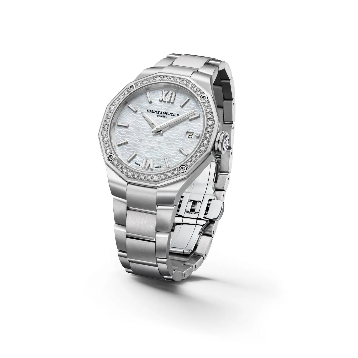 Montre RIVIERA Quartz 36mm lunette sertie diamants, Bracelet acier interchangeable, Cadran nacre blanche