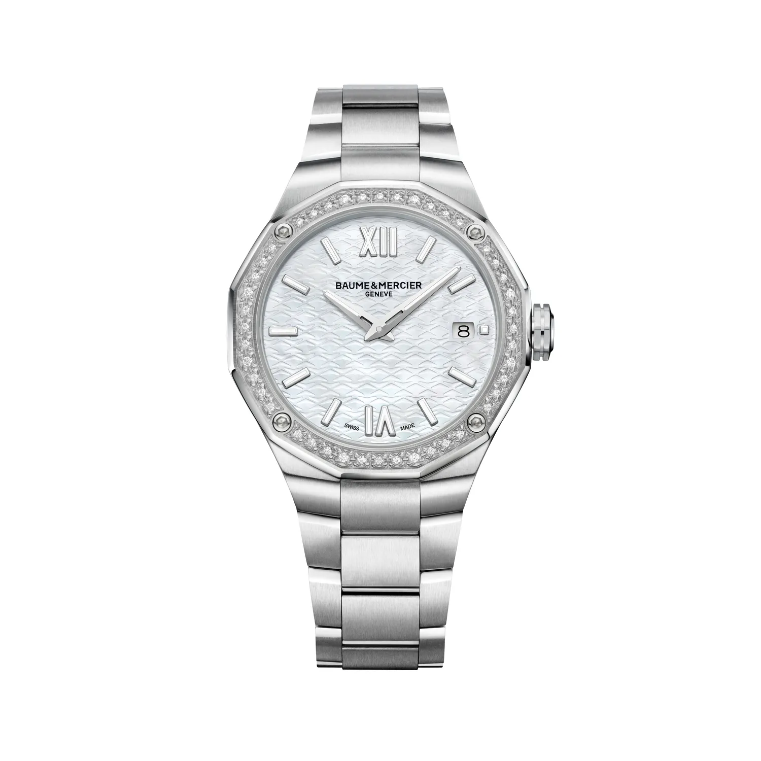 Montre RIVIERA Quartz 36mm lunette sertie diamants, Bracelet acier interchangeable, Cadran nacre blanche
