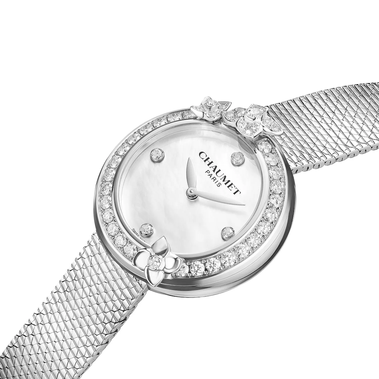 Montre HORTENSIA lunette sertie diamants Bracelet acier, Cadran Nacre blanche