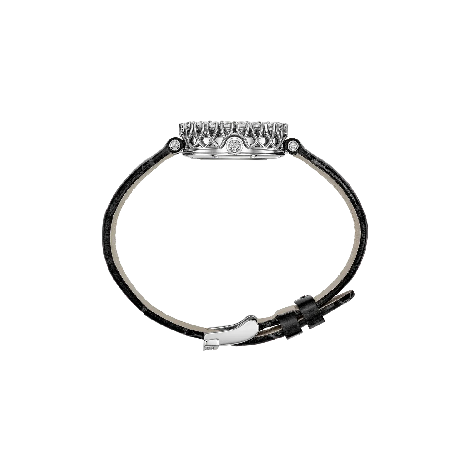 Montre L'HEURE DU DIAMANT lunette sertie diamants Mécanique, Bracelet alligator vernis noir, Boucle ardillon en or blanc sertie diamants, Cadran Onyx