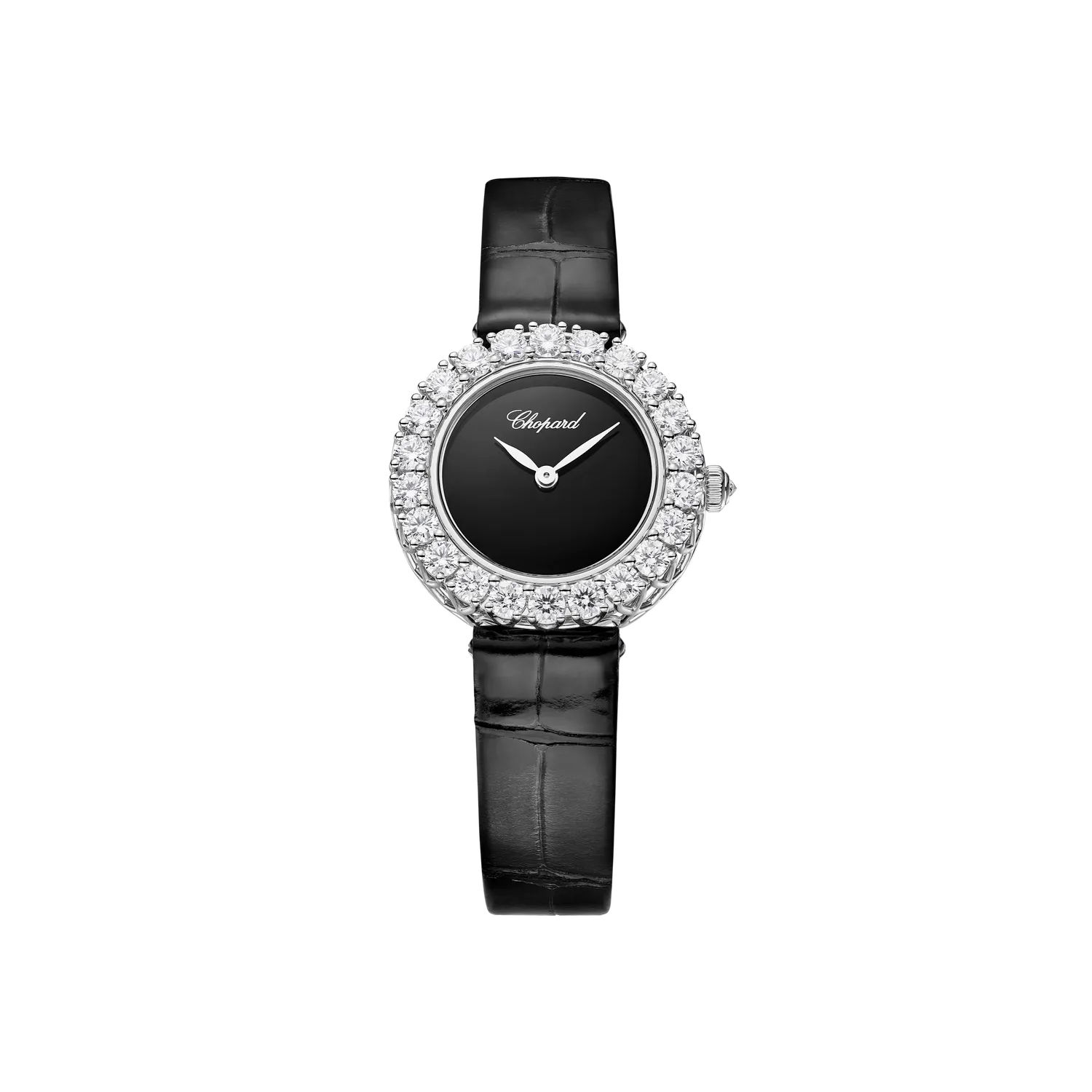 Montre L'HEURE DU DIAMANT lunette sertie diamants Mécanique, Bracelet alligator vernis noir, Boucle ardillon en or blanc sertie diamants, Cadran Onyx