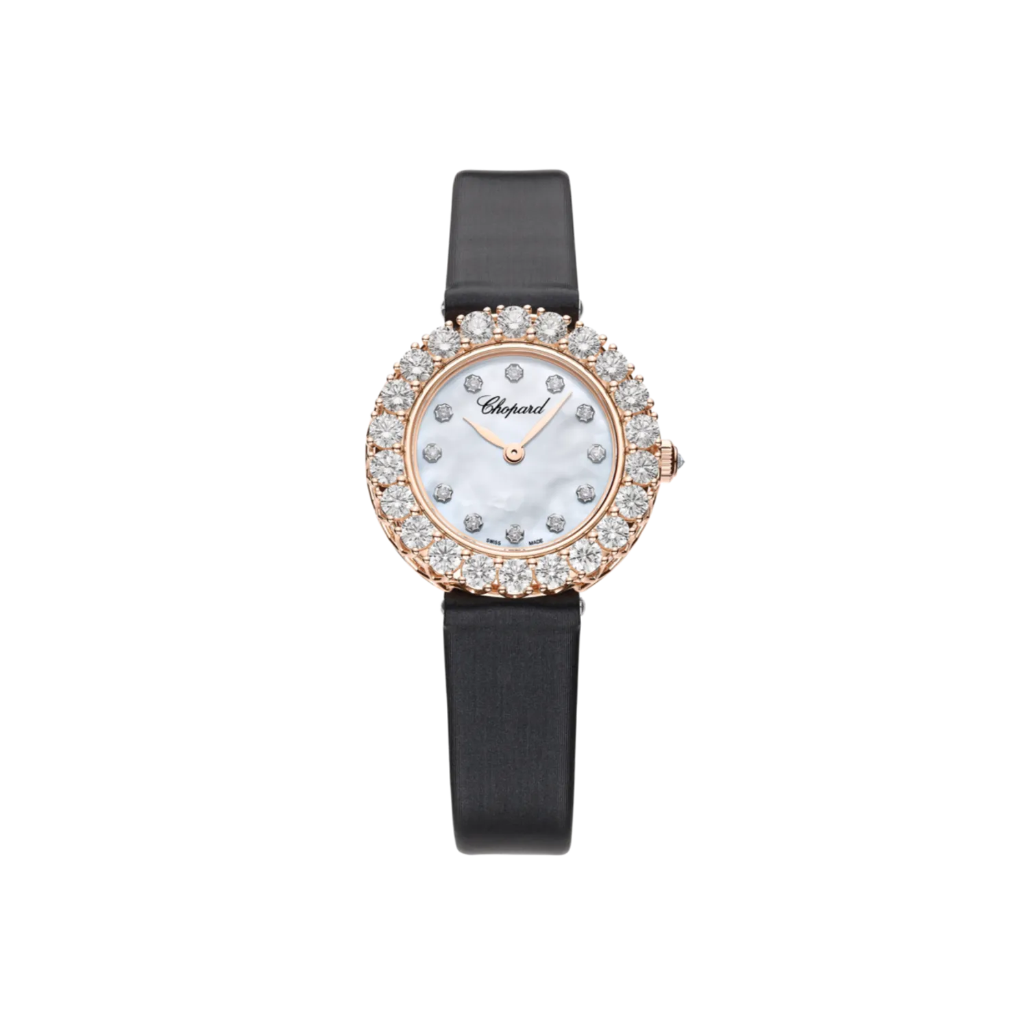 Montre L'HEURE DU DIAMANT lunette sertie diamants Mécanique, Bracelet satin blanc, Boucle ardillon en or rose sertie diamants, Cadran nacre perlée 12 diamants