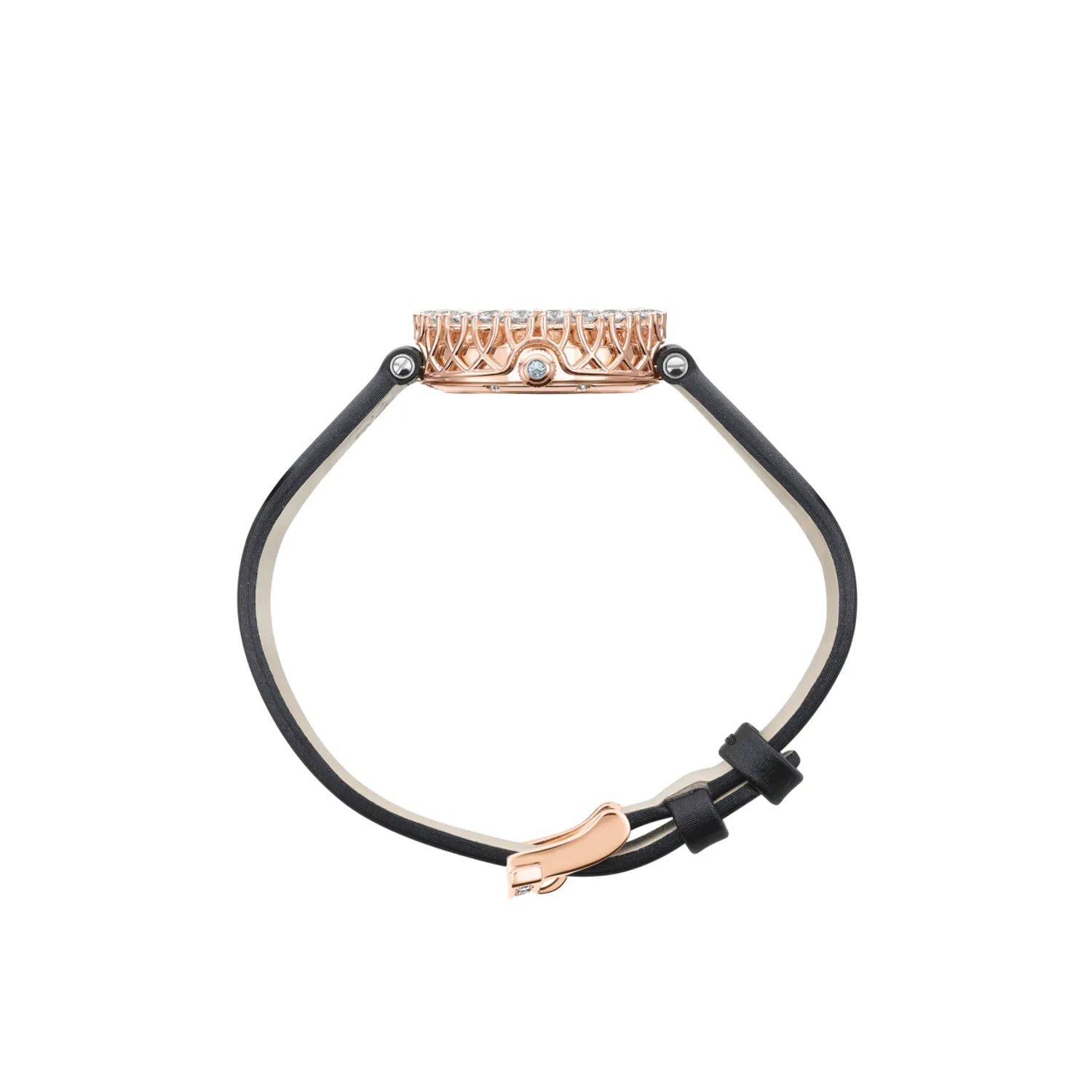 Montre L'HEURE DU DIAMANT lunette sertie diamants Mécanique, Bracelet satin blanc, Boucle ardillon en or rose sertie diamants, Cadran nacre perlée 12 diamants