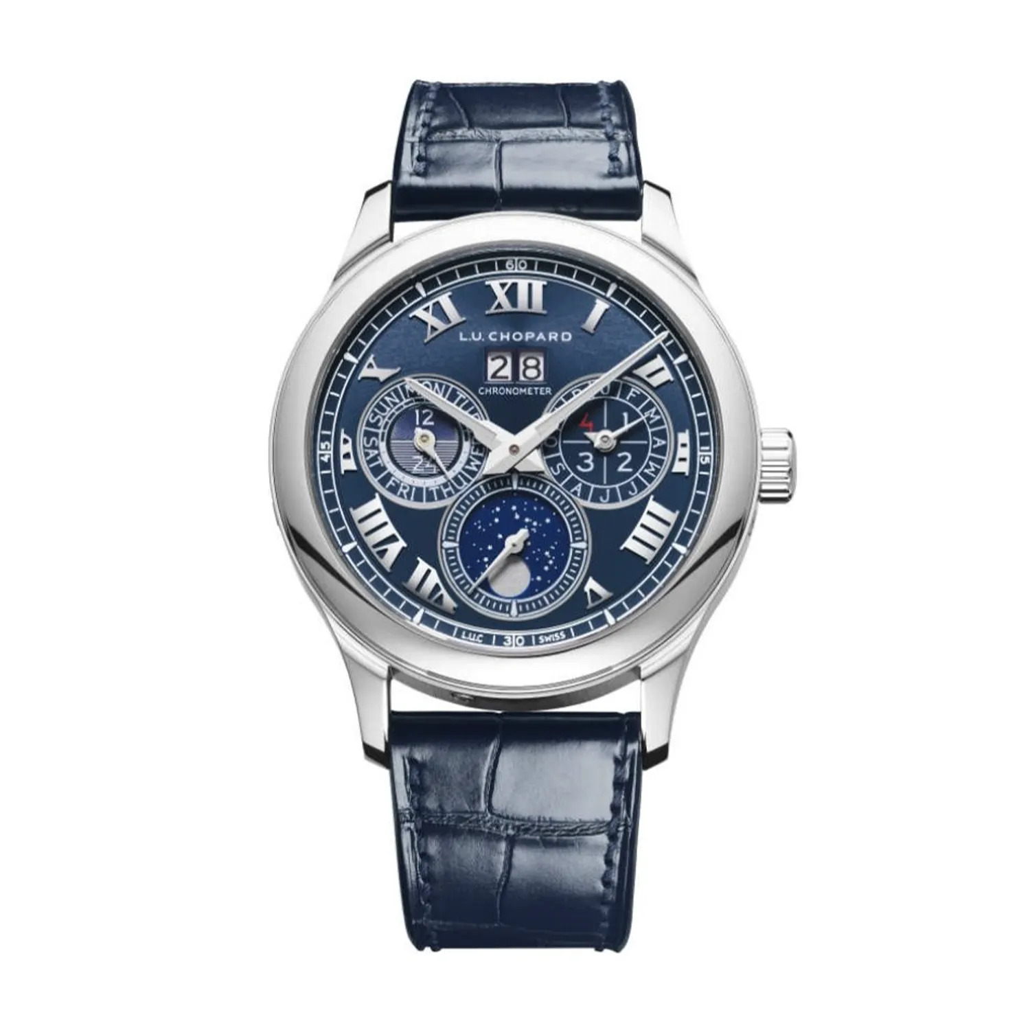 Montre L.U.C. LUNAR ONE limitée N°24/100 Bracelet alligator bleu doublure alligator brun, Boucle déployante platine et or blanc, Cadran bleu romains