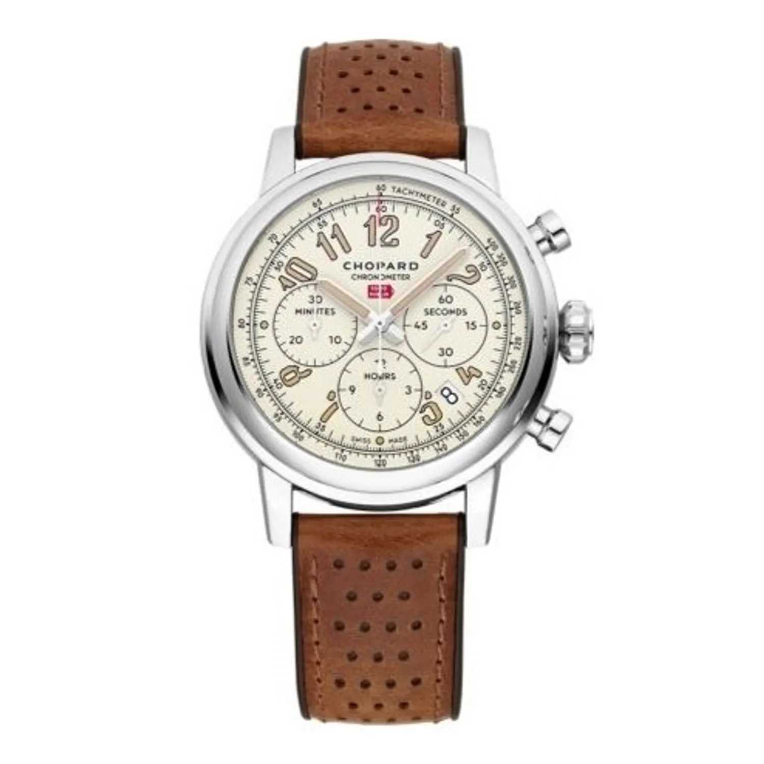 Montre MILLE MIGLIA CHRONOGRAPH RATICOSA Bracelet veau perforé brun doublé caoutchouc pneu Dunlop, Boucle ardillon, Cadran beige chiffres arabes, Edition limitée 500 exemplaires