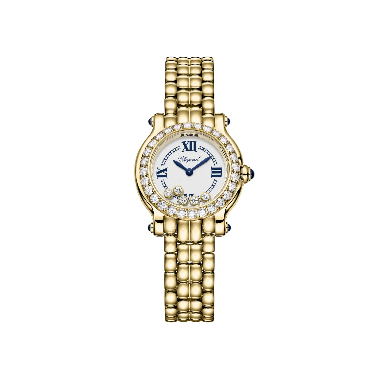 Montre HAPPY SPORT The First lunette sertie diamants Quartz, Bracelet "galet" acier, Cadran argenté grainé chiffres romains