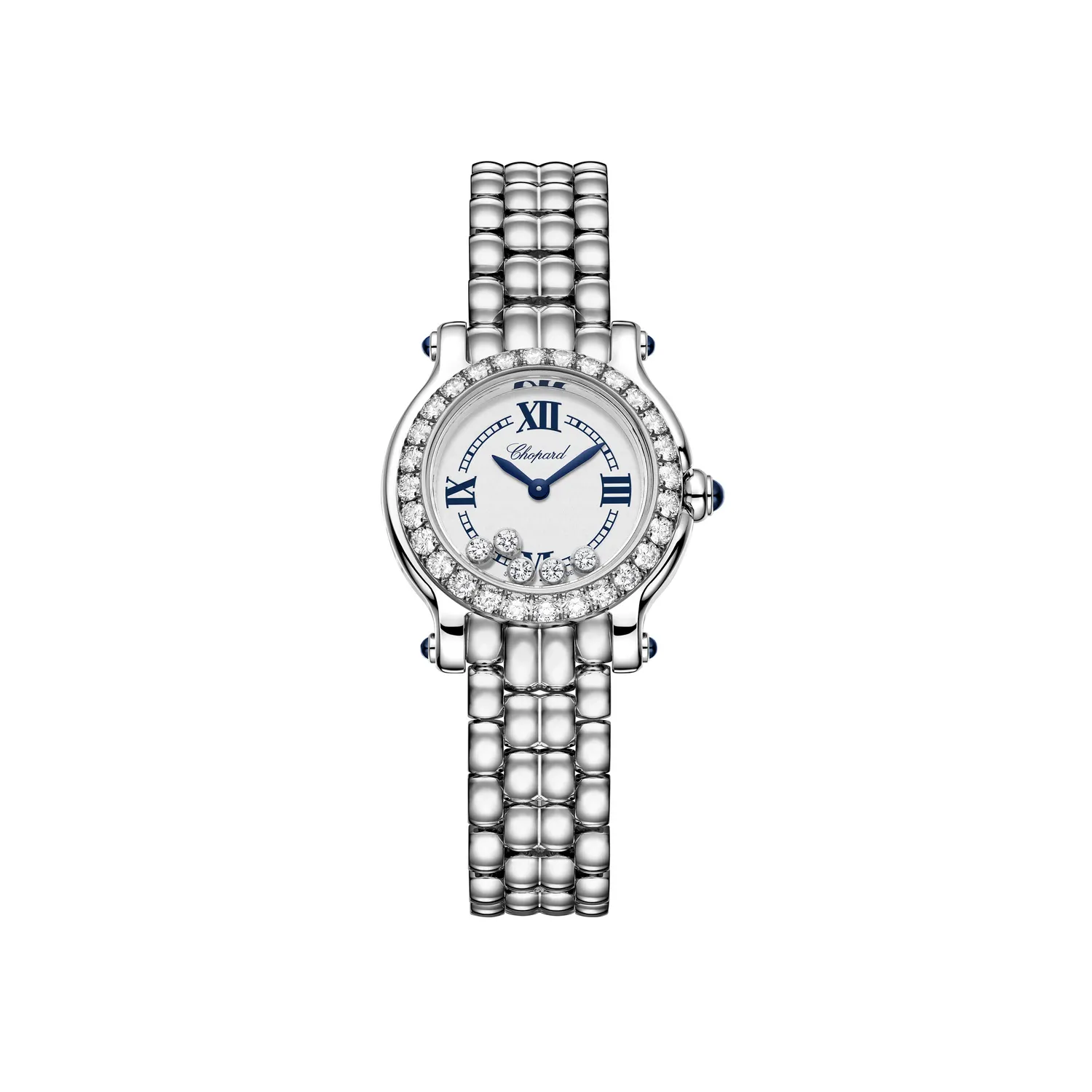 Montre HAPPY SPORT The First lunette sertie diamants Quartz, Bracelet "galet" acier, Cadran argenté grainé chiffres romains