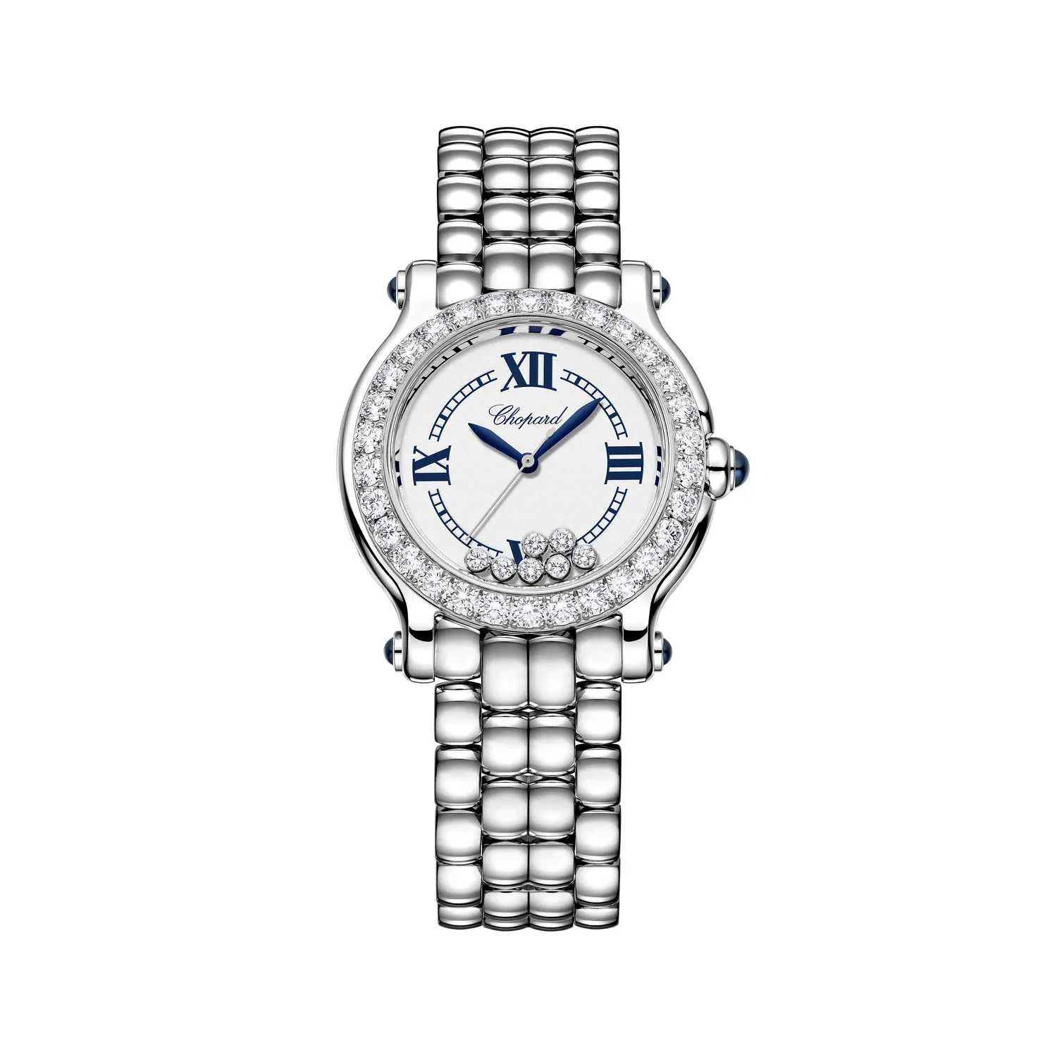 Montre HAPPY SPORT The First lunette sertie diamants Quartz, Bracelet "galet" acier, Cadran argenté grainé chiffres romains