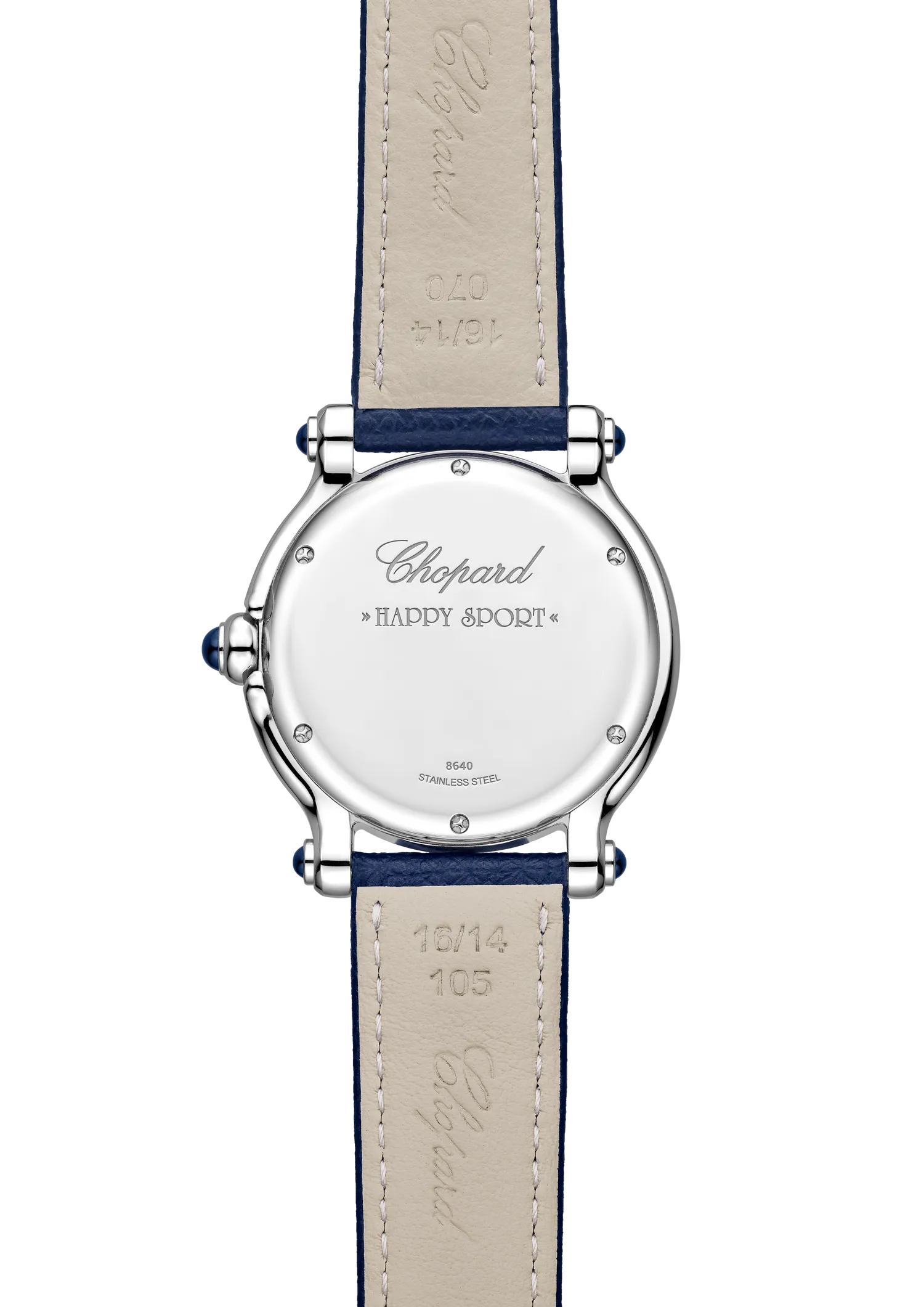 Montre HAPPY SPORT The First Quartz, Bracelet veau grainé bleu, Boucle ardillon, Cadran argenté grainé chiffres romains