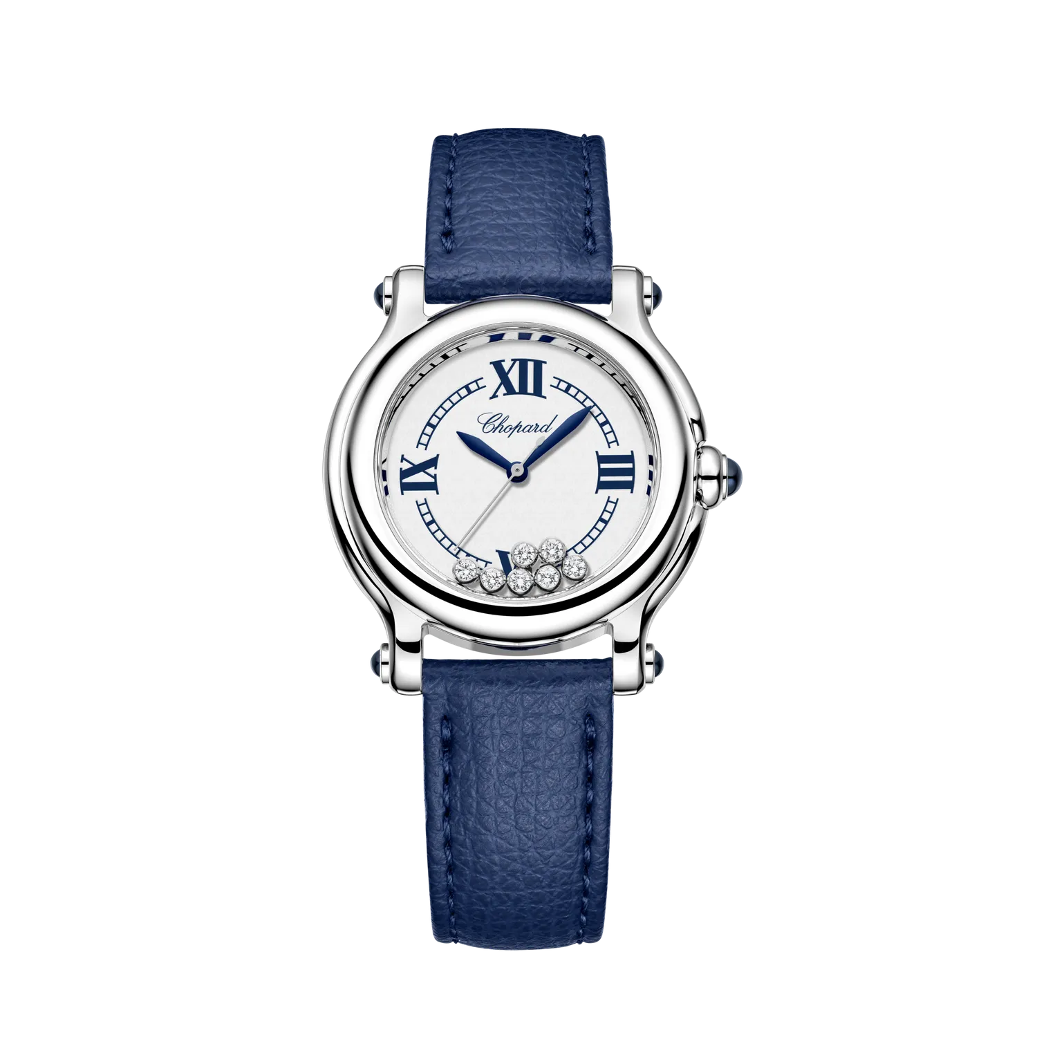 Montre HAPPY SPORT The First Quartz, Bracelet veau grainé bleu, Boucle ardillon, Cadran argenté grainé chiffres romains