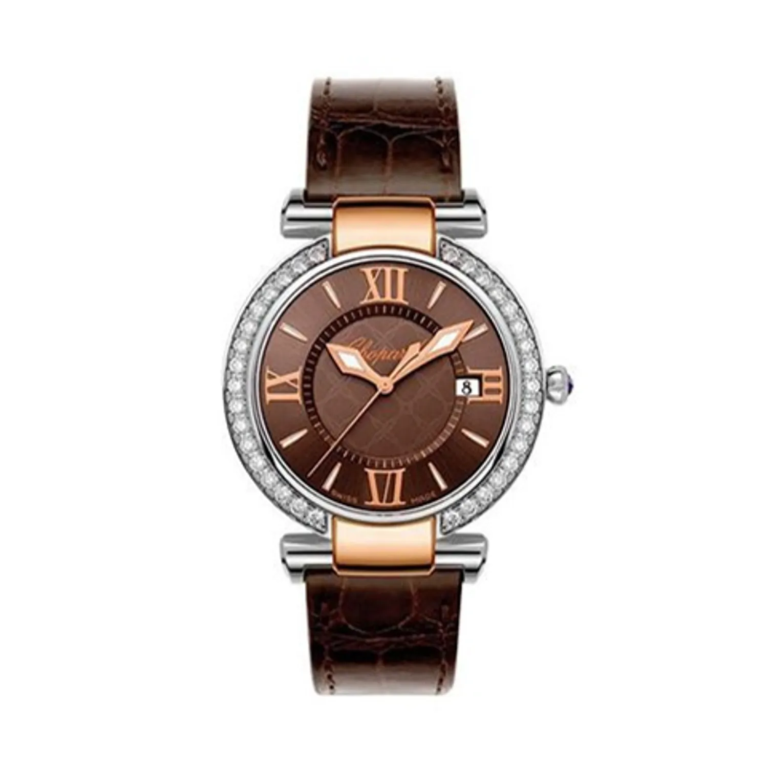 Montre IMPERIALE 36mm Quartz Lunette sertie Bracelet alligator brun vernis, Boucle ardillon acier, Cadran brun