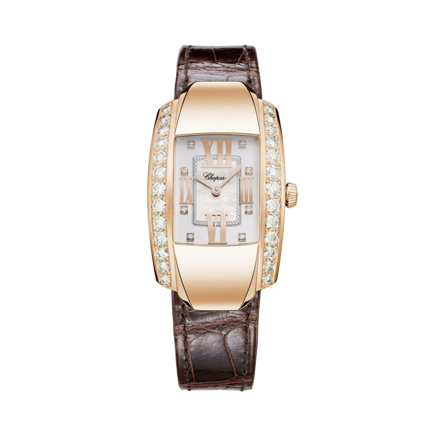 Montre LA STRADA Bracelet alligator, Boucle en or rose, Cadran nacre 8 brillants