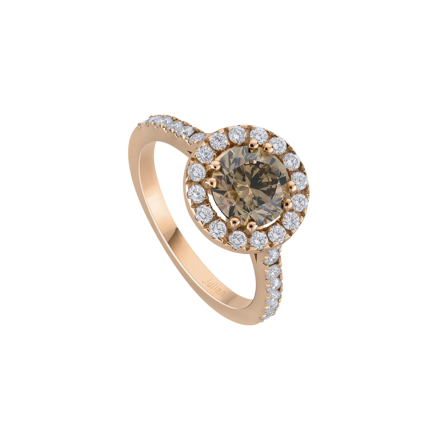 Bague Solitaire en or rose, diamant chocolat et diamants blancs