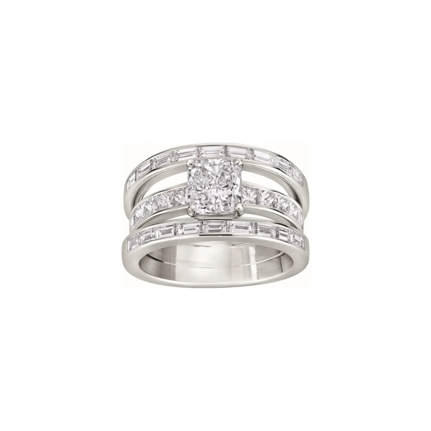 Ring with 3 cushion-cut diamond rings, set with baguette and princess-cut diamonds in palladium-plated white gold. T.53