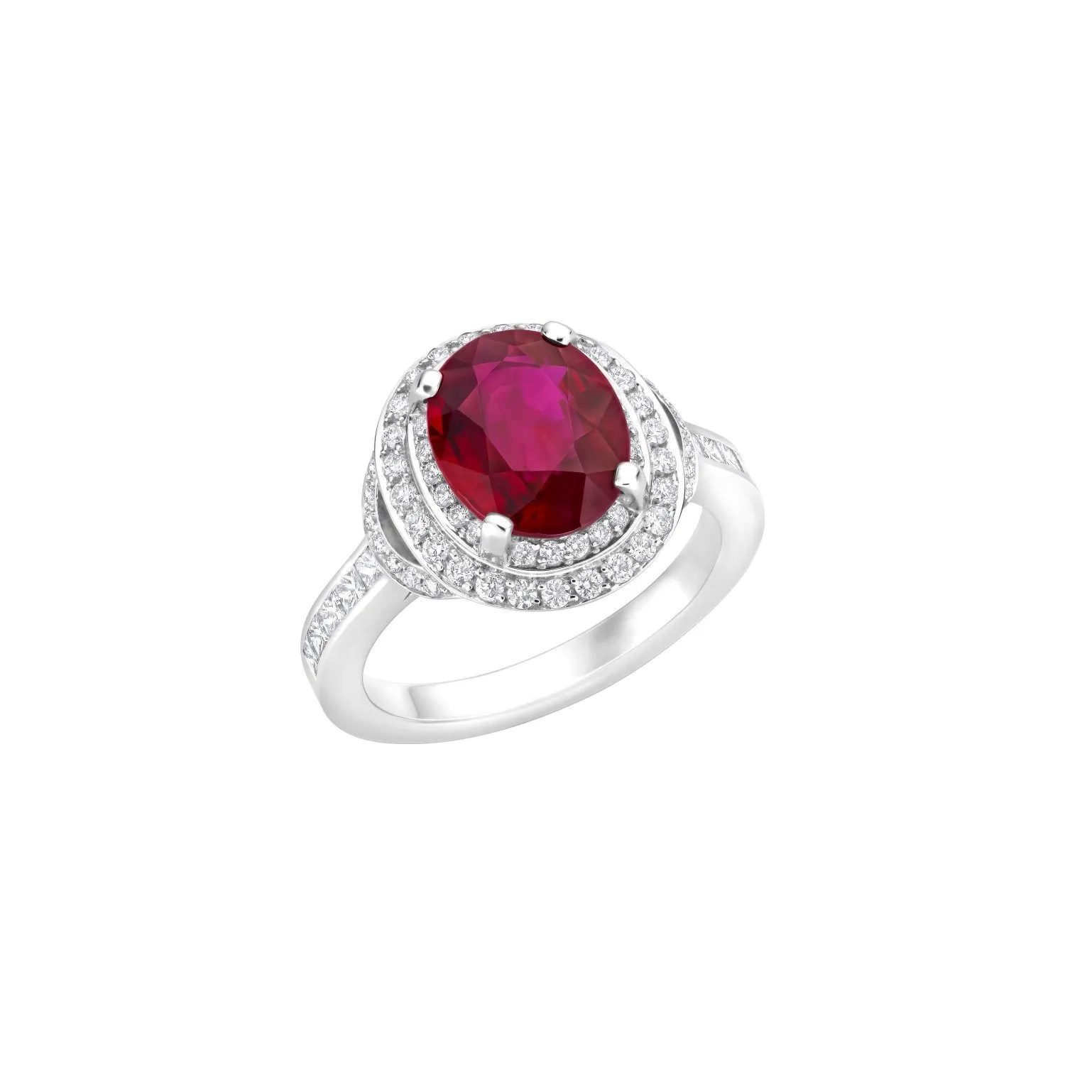 Bague solitaire rubis taille ovale sertie de diamants tailles brillant et princesse en or blanc palladié
