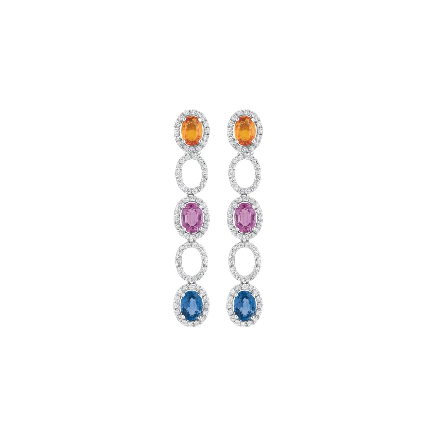 Boucles d'oreilles en or blanc, saphirs multicolores et diamants blancs