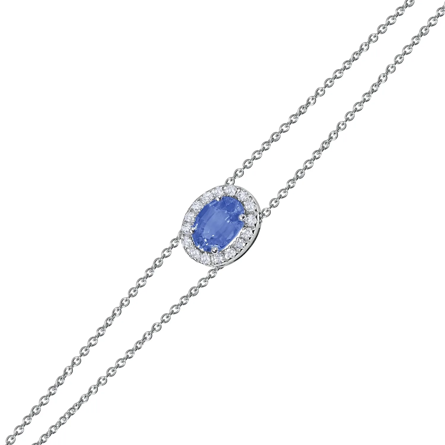 Bracelet Saphir Bleu ovale entourage serti diamants Chaîne double 14-15-16 cm