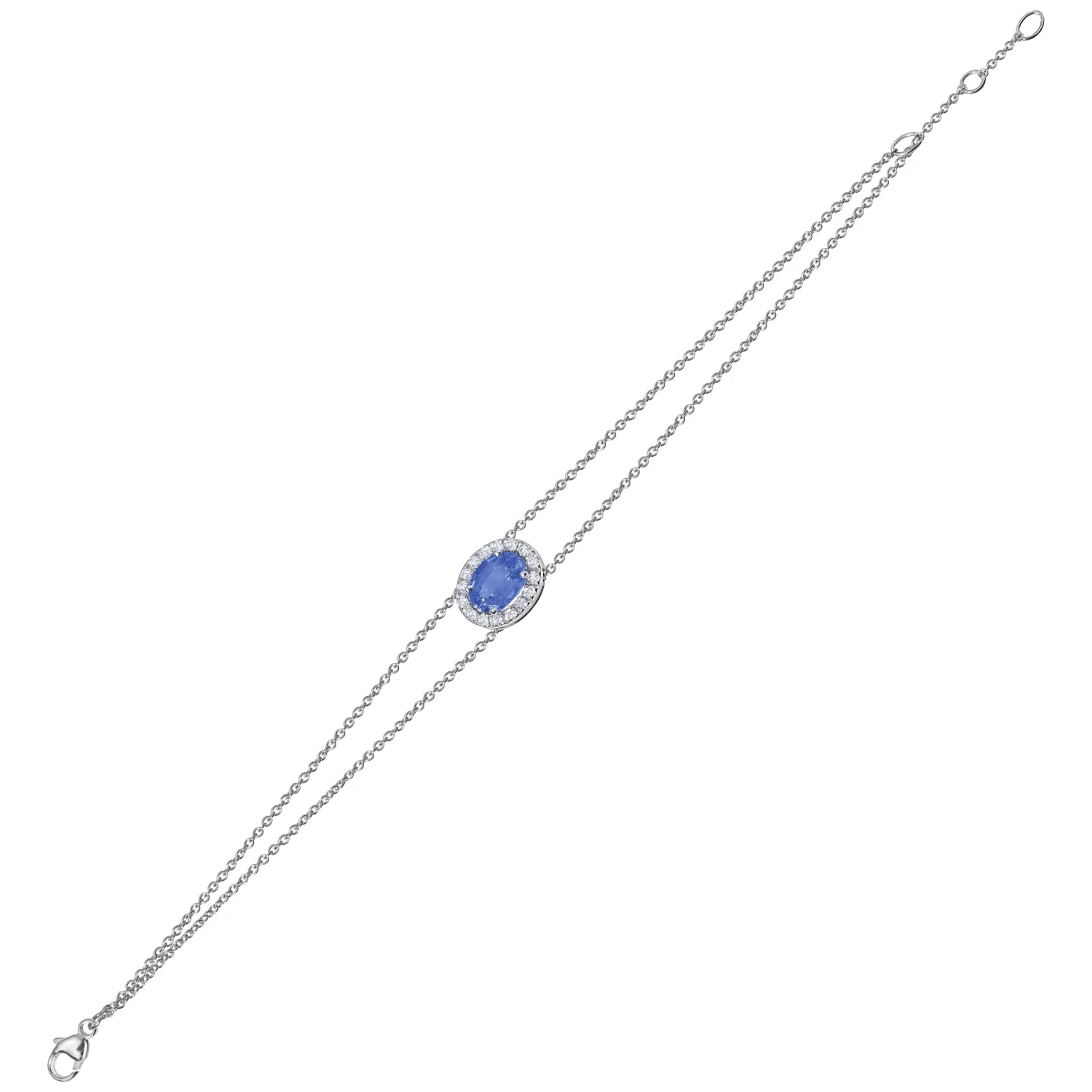 Bracelet Saphir Bleu ovale entourage serti diamants Chaîne double 14-15-16 cm