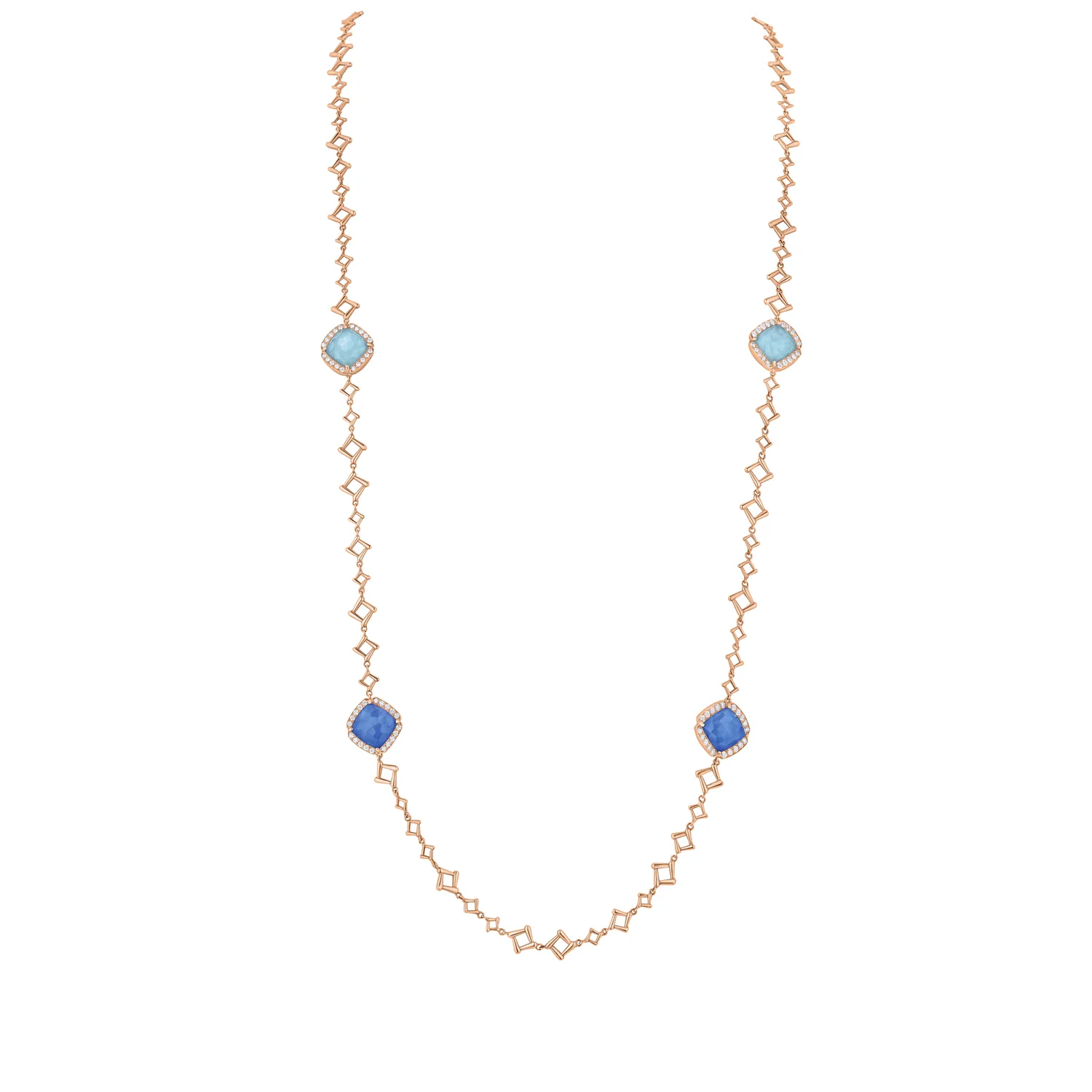 Collier Sautoir Multiflat Saphirs et Turquoises pavé Diamants