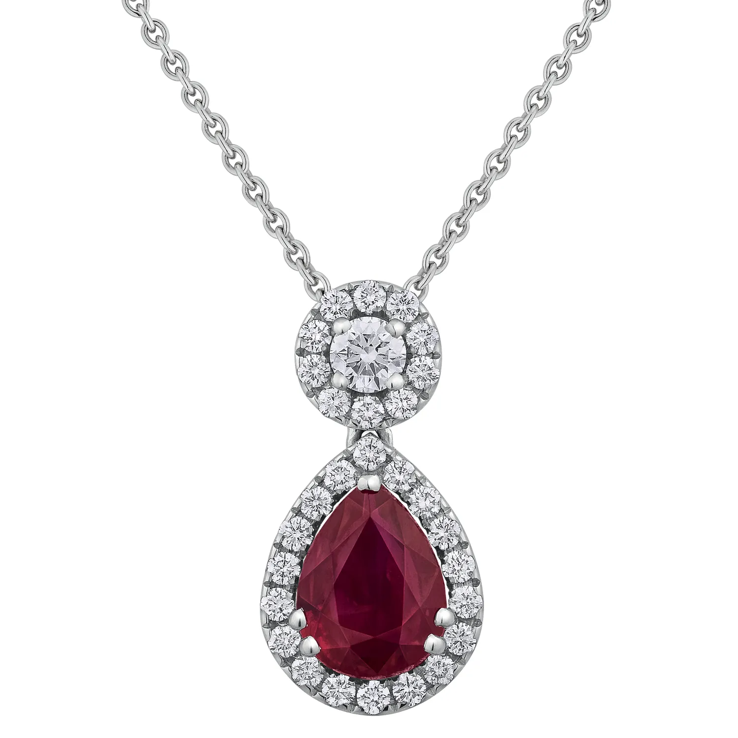 Pendentif Poire Rubis Vivid Red entouré de brillants Bélière sertie d'un brillant entouré.