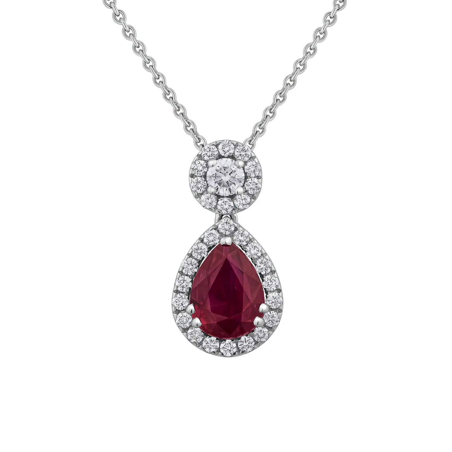 Pendentif Poire Rubis Vivid Red entouré de brillants Bélière sertie d'un brillant entouré.