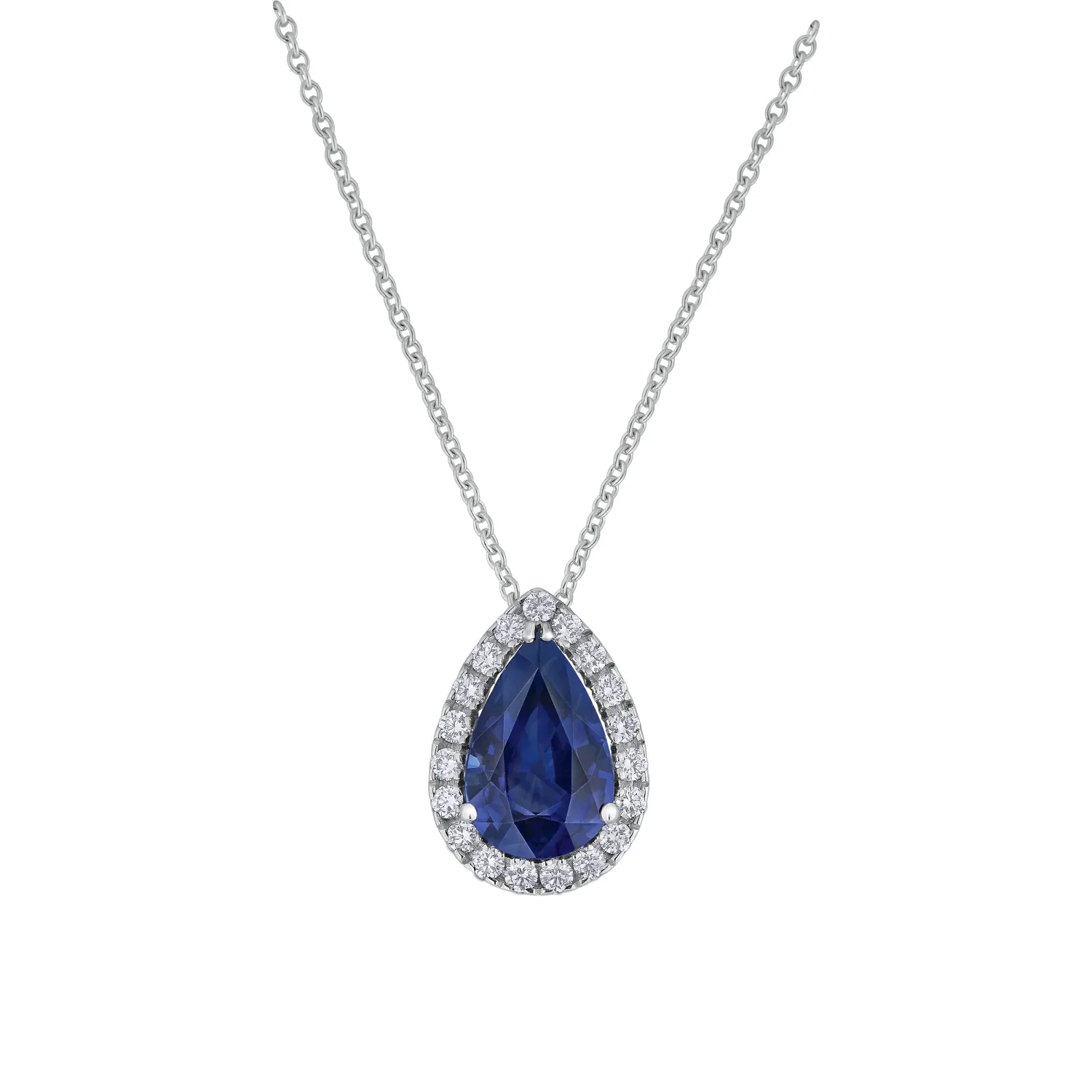 Pendentif Poire Saphir bleu entouré de brillants