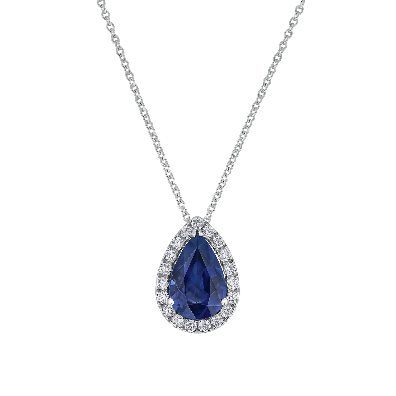 Pendentif Poire Saphir bleu entouré de brillants