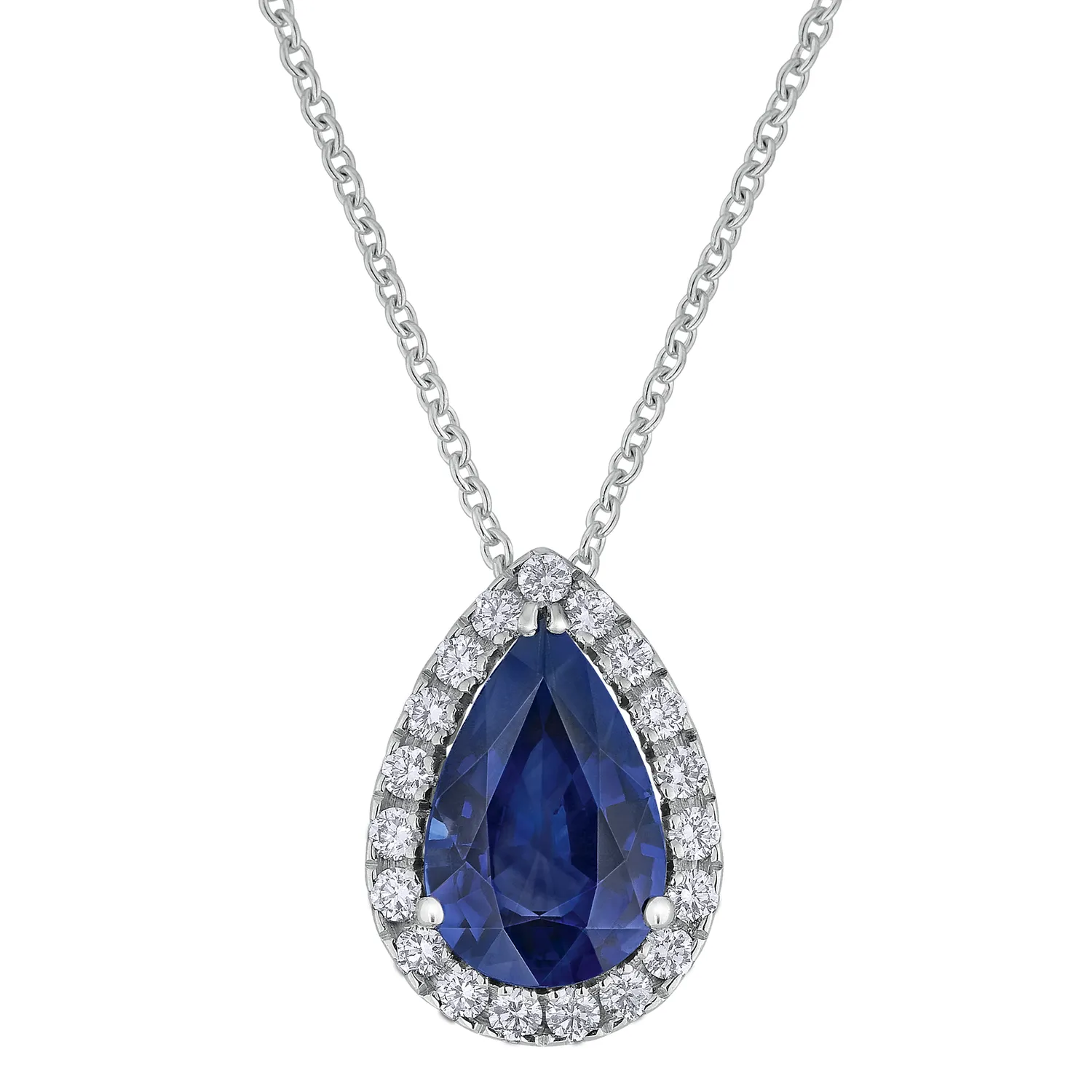 Pendentif Poire Saphir bleu entouré de brillants