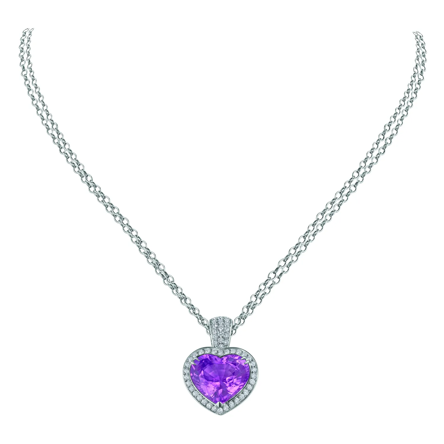 Pendentif cœur taille brillant en or blanc, orné de tourmaline mauve et de diamants.