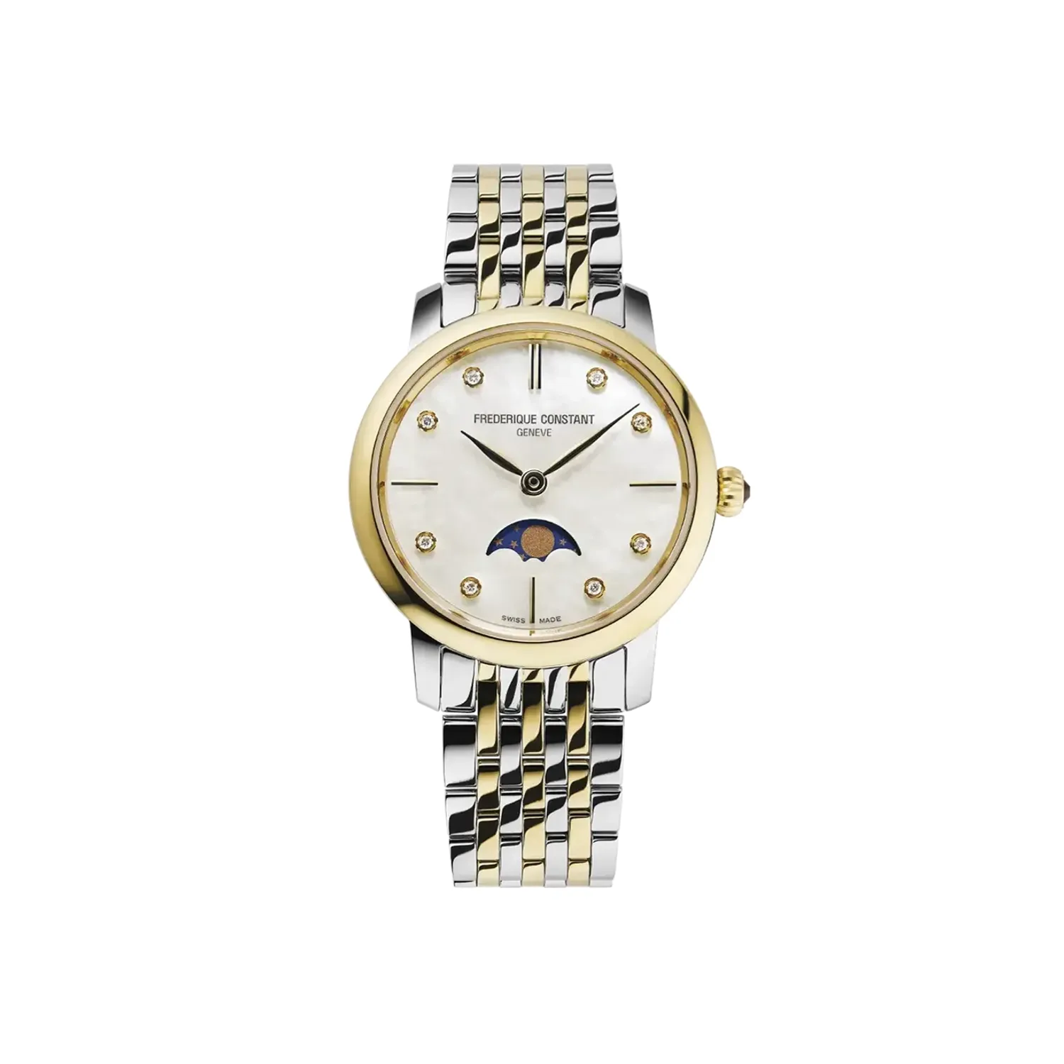 Montre CLASSICS Slimline Ladies Moonphase Bracelet acier et plaqué or jaune, Cadran nacre blanche index diamants