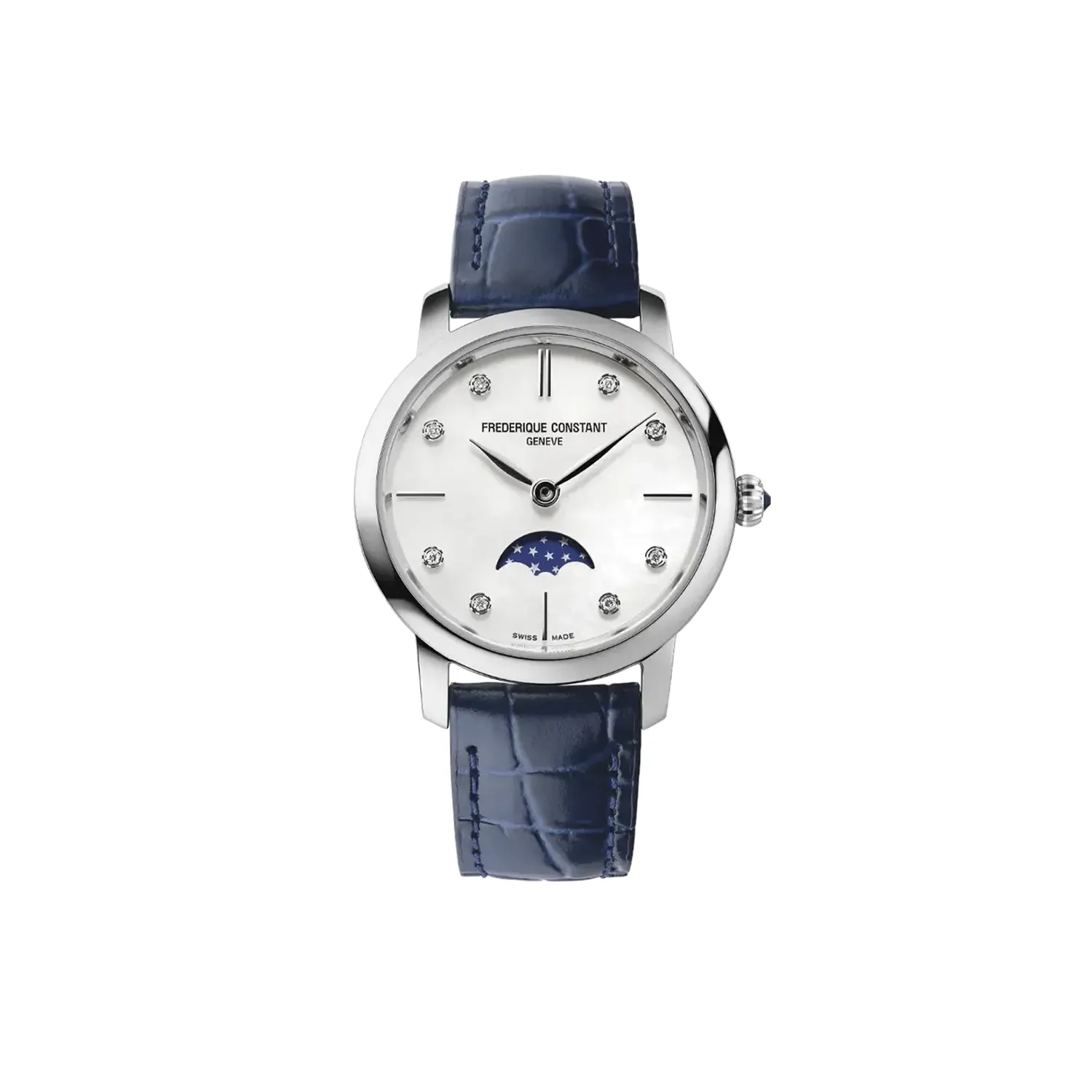 Montre CLASSICS Slimline Ladies Moonphase Bracelet veau bleu croco, Boucle ardillon, Cadran nacre blanche index diamants