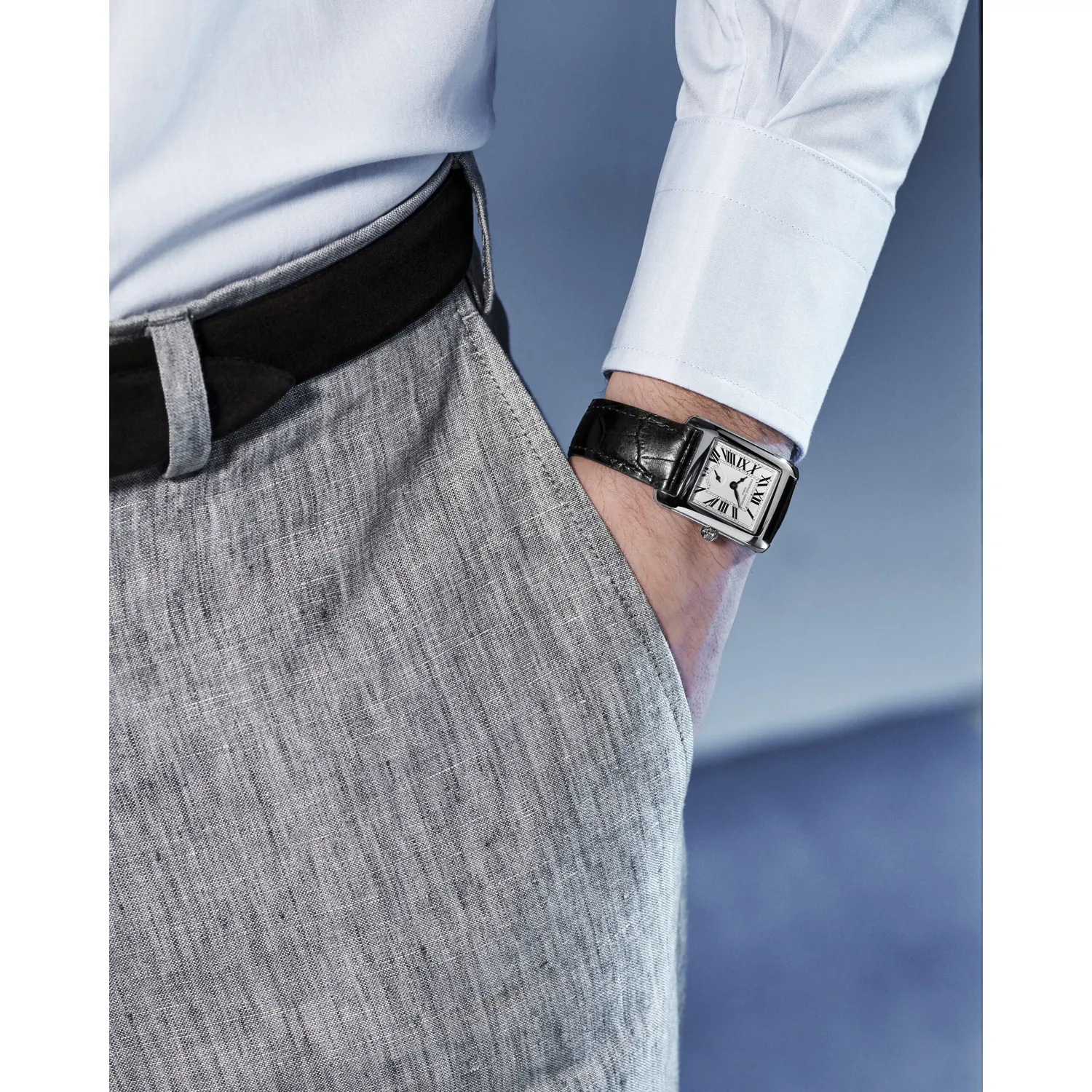 Montre CLASSICS Carrée Small Second, Bracelet cuir motif alligator, Boucle ardillon, Cadran argenté chiffres romains