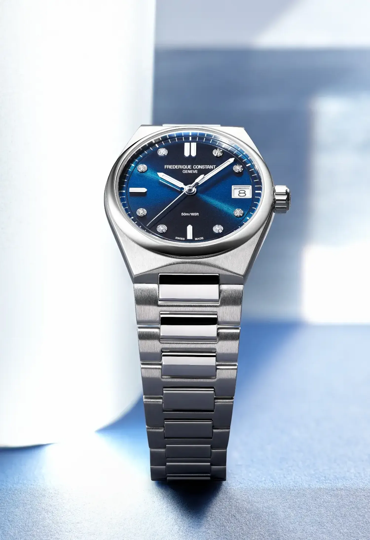 Montre HIGHLIFE Ladies Bracelets acier et caoutchouc blanc, Cadran bleu index diamants