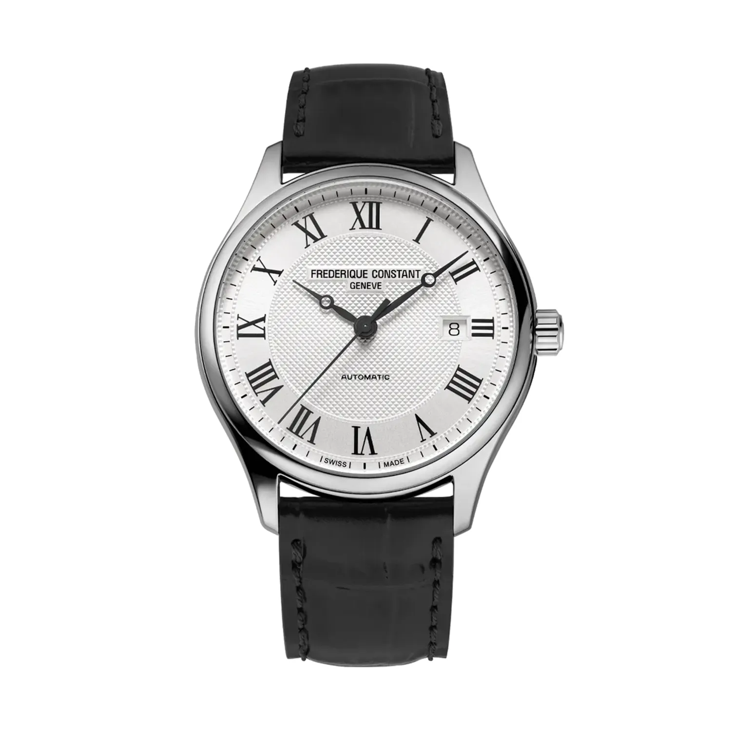 Montre CLASSICS Automatic Bracelet veau noir croco, Boucle ardillon, Cadran argenté guilloché chiffres romains