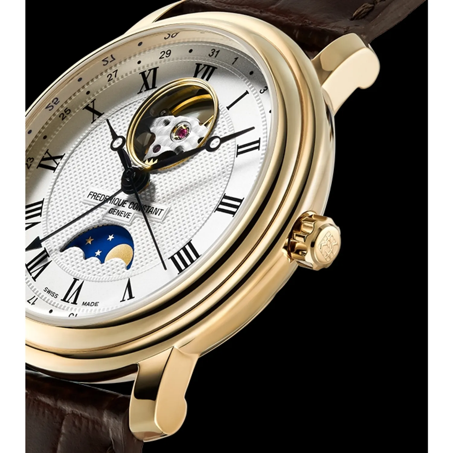Montre CLASSICS Heart Beat Moonphase Date, Bracelet veau marron motif alligator, Boucle ardillon, Cadran argenté guilloché
