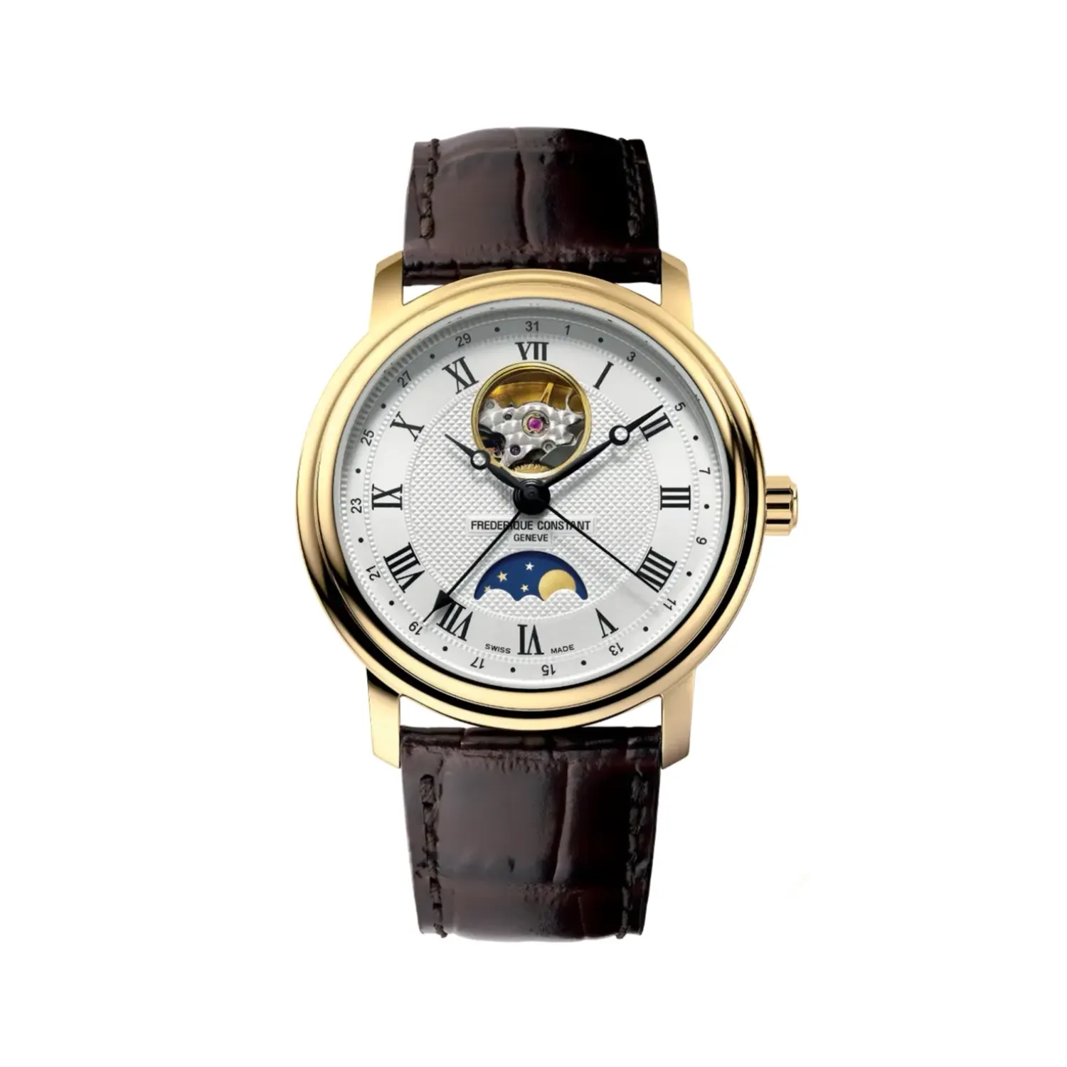 Montre CLASSICS Heart Beat Moonphase Date, Bracelet veau marron motif alligator, Boucle ardillon, Cadran argenté guilloché