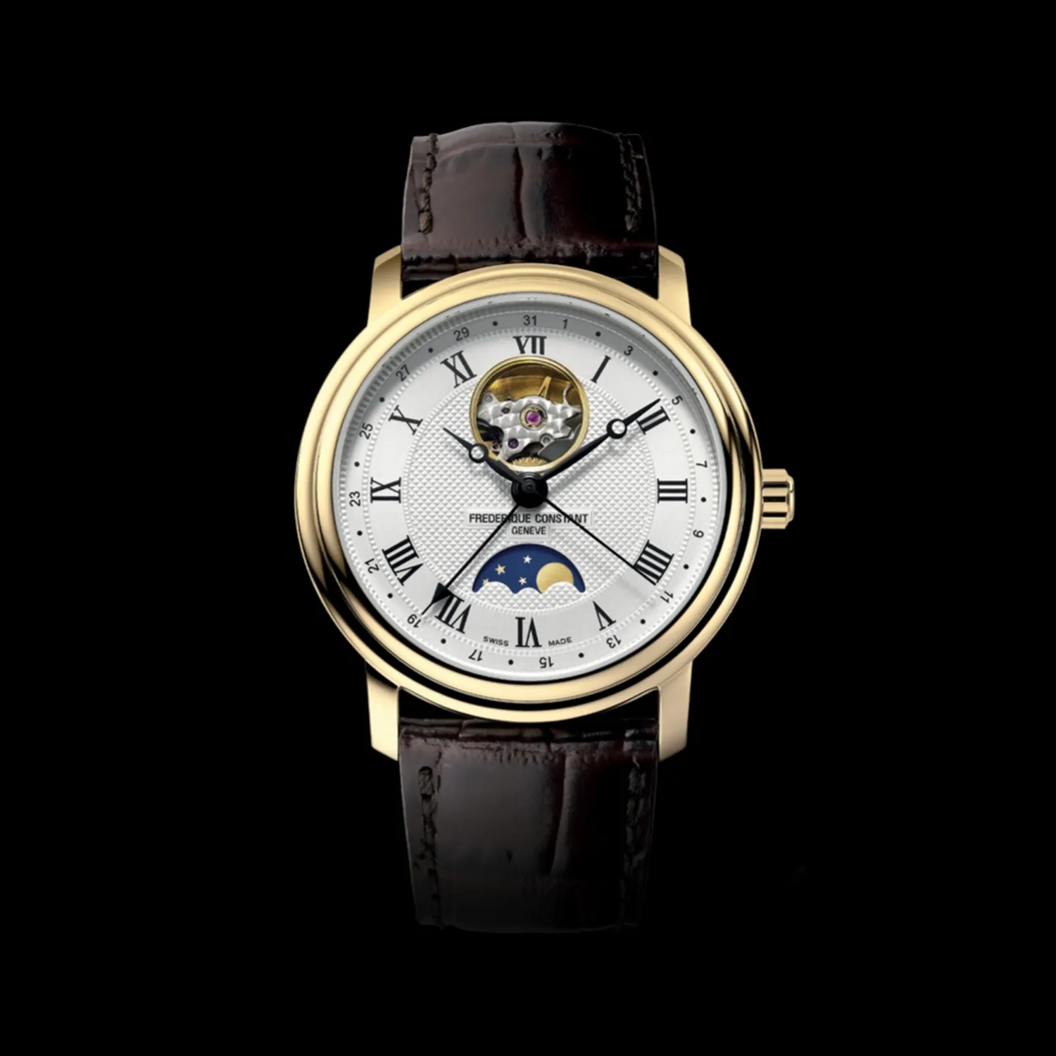 Montre CLASSICS Heart Beat Moonphase Date, Bracelet veau marron motif alligator, Boucle ardillon, Cadran argenté guilloché