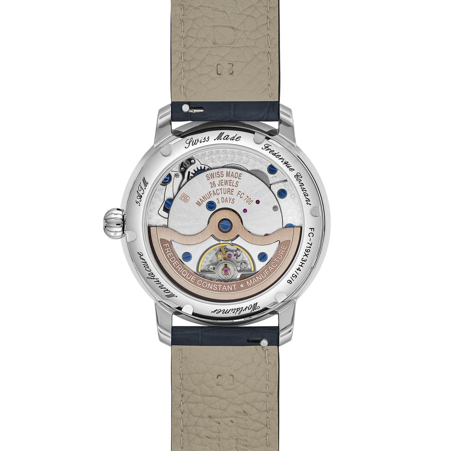 Montre MANUFACTURE Classic Worldtimer, Bracelet alligator bleu, Boucle déployante, Cadran bleu embossé et grainé