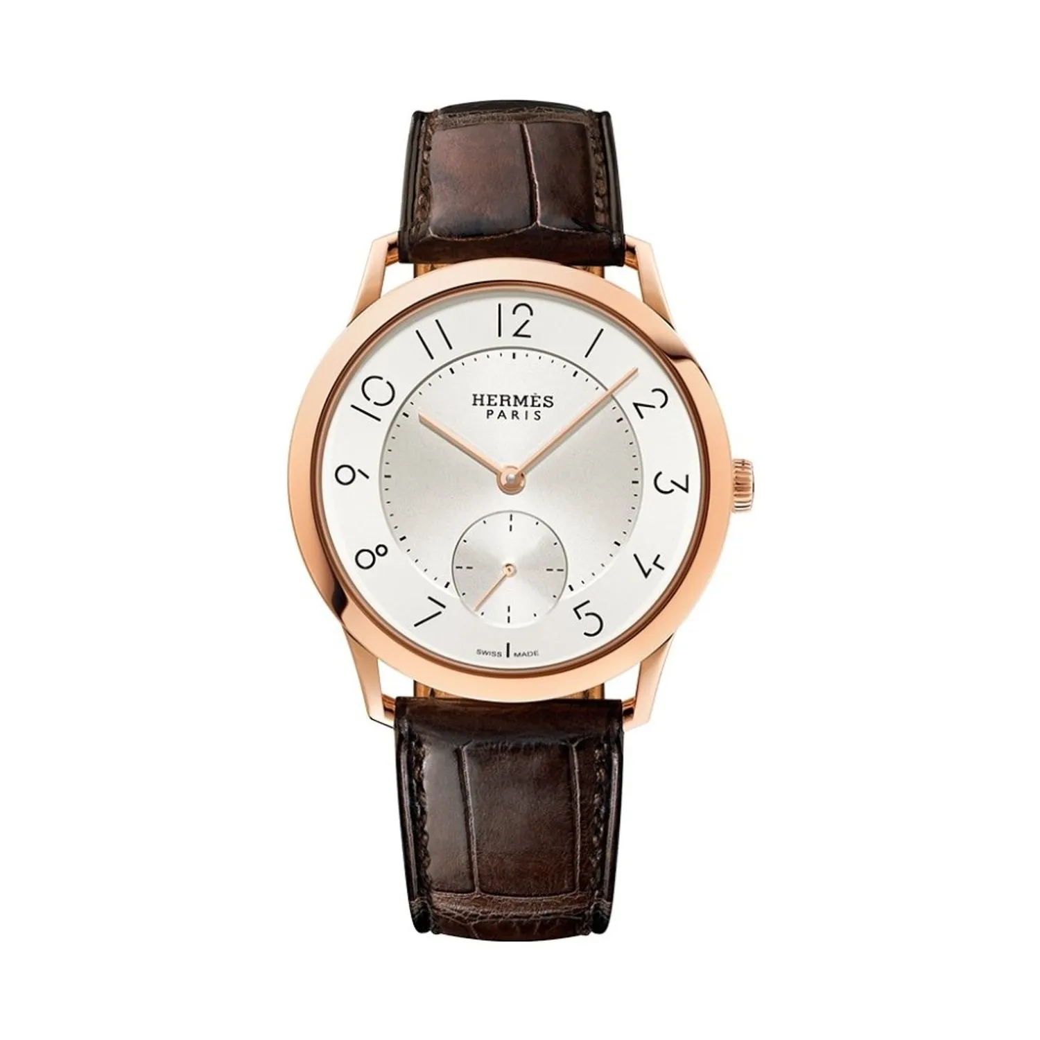 Montre SLIM D'HERMES GM Bracelet alligator havane mat, Boucle ardillon en or rose, Cadran argenté opalin