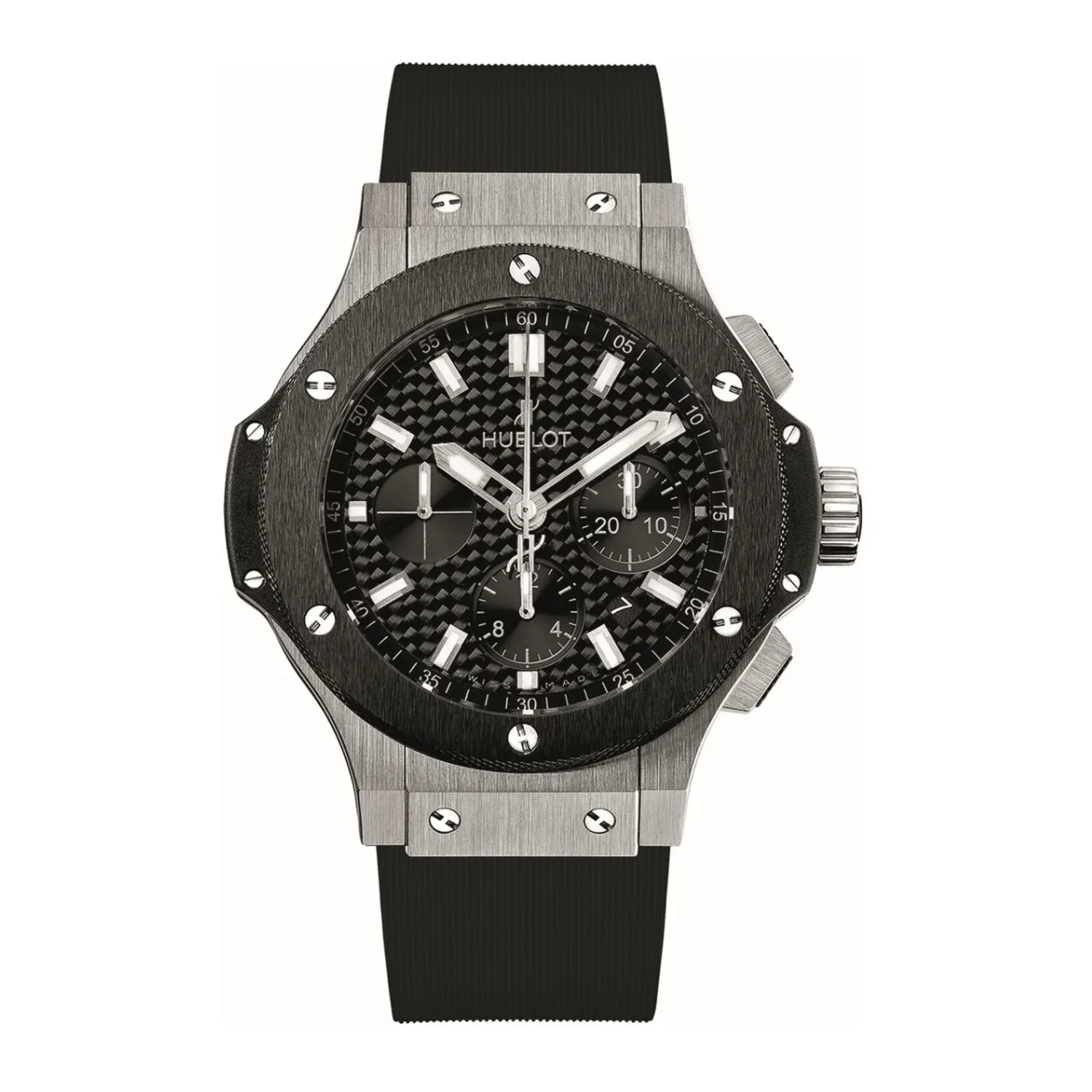 Montre BIG BANG STEEL CERAMIC Bracelet caoutchouc noir ligné, Boucle déployante, Cadran fibre de carbone