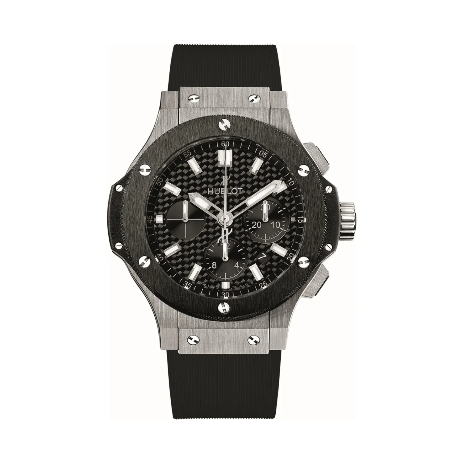 Montre BIG BANG STEEL CERAMIC Bracelet caoutchouc noir ligné, Boucle déployante, Cadran fibre de carbone