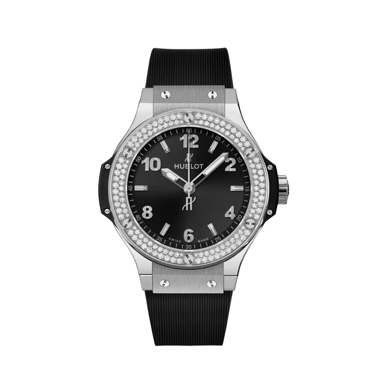 Montre BIG BANG STEEL DIAMONDS Bracelet caoutchouc noir ligné, Boucle déployante, Cadran noir mat, Mouvement quartz