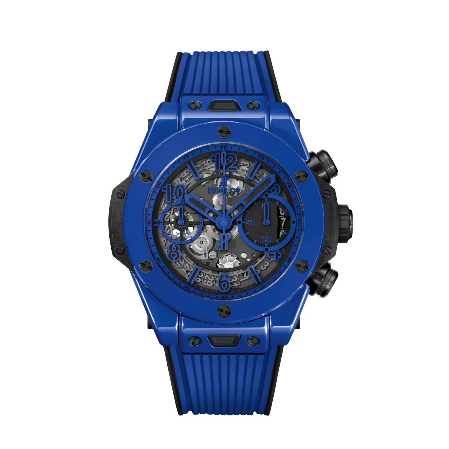 Montre BIG BANG UNICO BLUE MAGIC n°397/500 Bracelet caoutchouc structuré et ligné bleu, Boucle déployante céramique noire et titane plaqué noir, Cadran squeletté bleu mat
