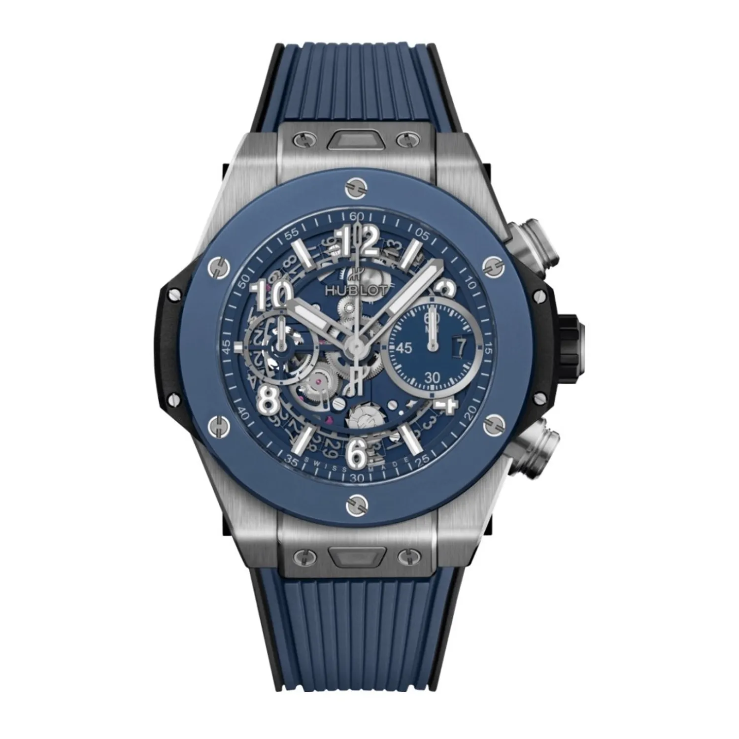 Montre BIG BANG UNICO TITANIUM BLUE CERAMIC Bracelet caoutchouc structuré noir et ligné bleu, Boucle déployante titane, Cadran squeletté bleu mat
