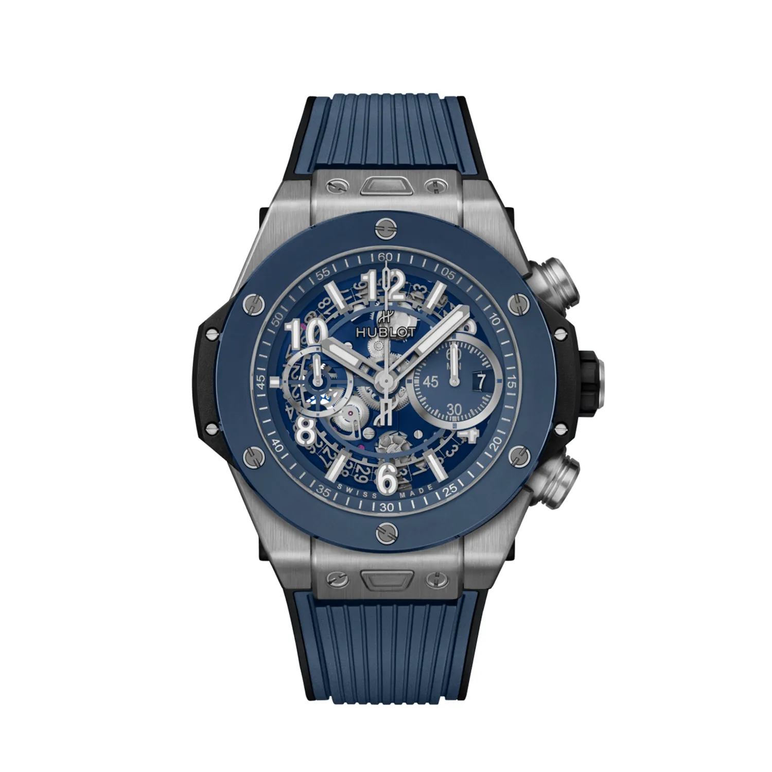 Montre BIG BANG UNICO TITANIUM BLUE CERAMIC Bracelet caoutchouc structuré noir et ligné bleu, Boucle déployante titane, Cadran squeletté bleu mat